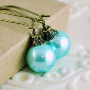 Aqua Blue Christmas Earrings in Antiqued Brass